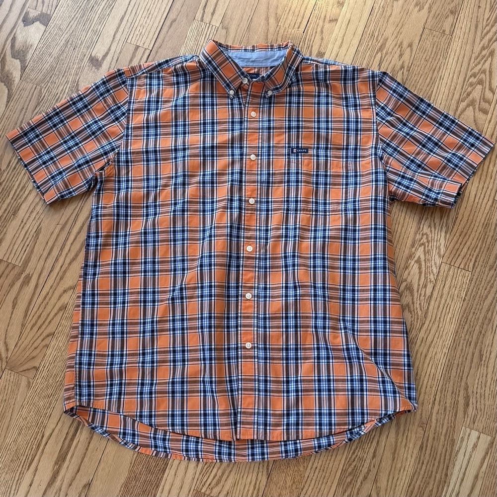 Chaps Men's XL Easy Care Plaid Button Down Shirt Orange‎ Blue Classic Fit Work